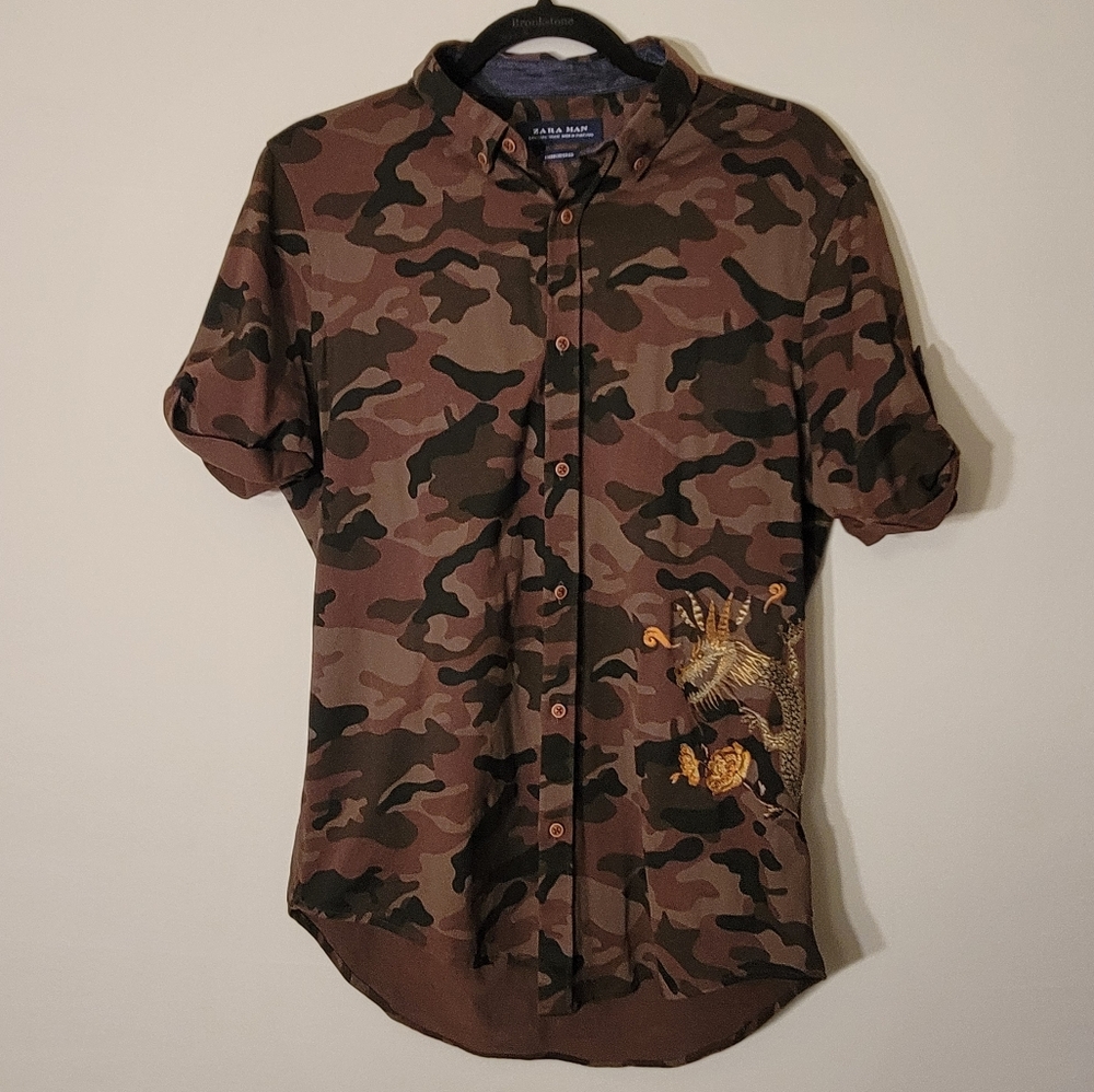 Zara Man Short Sleeve Button Up with Camo Print and Dragon Embroidery